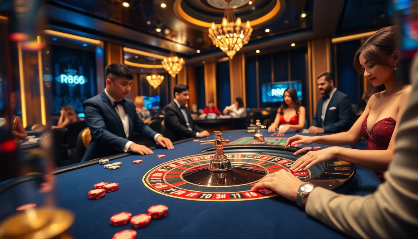 RR88 casino scene with elite players at a roulette table, depicting excitement and professionalism.