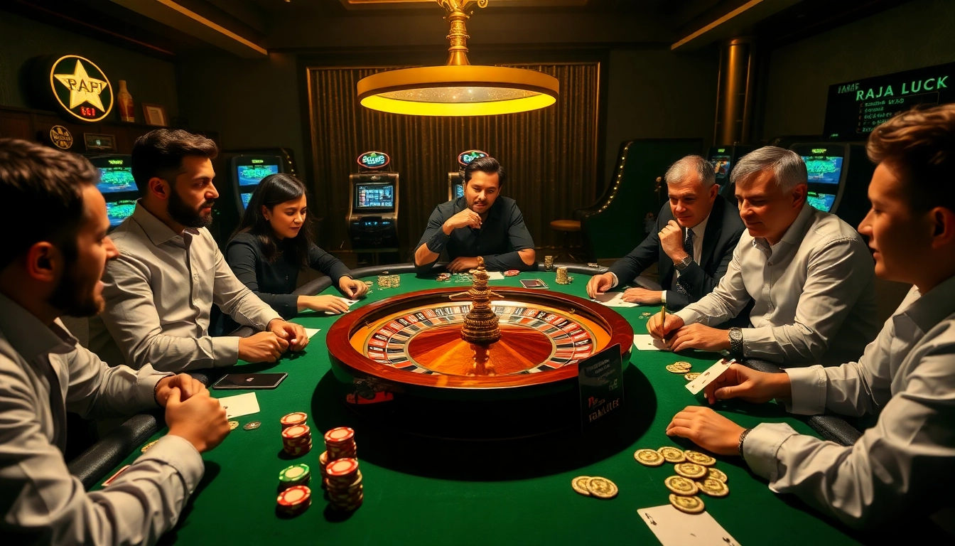 Raja luck players enjoying an exciting casino experience at a vibrant poker table with chips and cards.