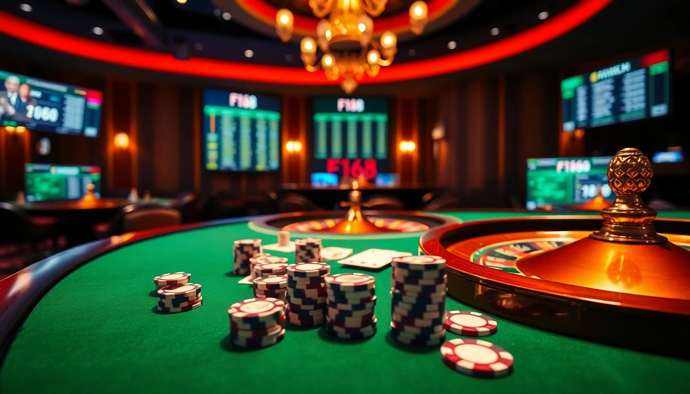 Players engaging in an exciting game at F168 casino, featuring poker chips and sleek interface.