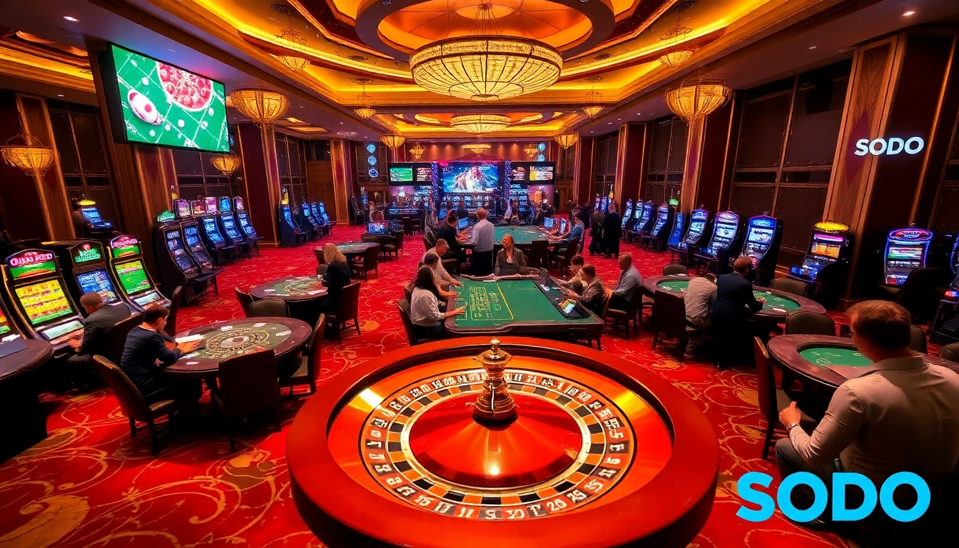 SODO casino players enjoying thrilling gambling experiences with roulette, dice, and slot machines.