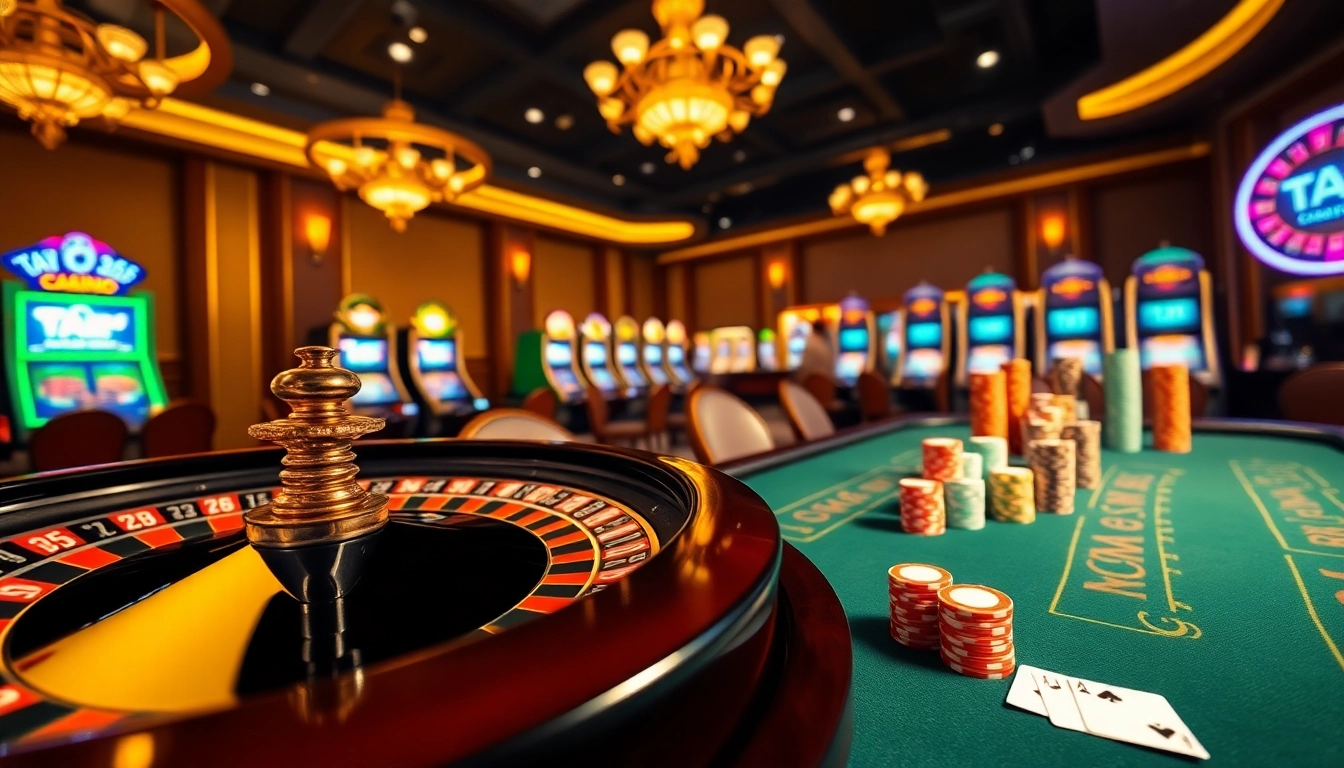 Taya365 Casino gaming experience with vibrant slot machines and a roulette table.
