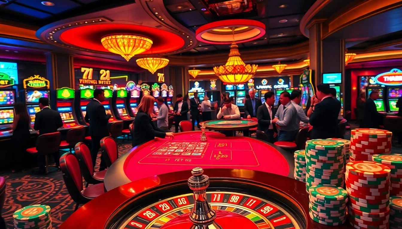 Players enjoying a thrilling night at the THABET casino, with poker chips and roulette wheels in full view.