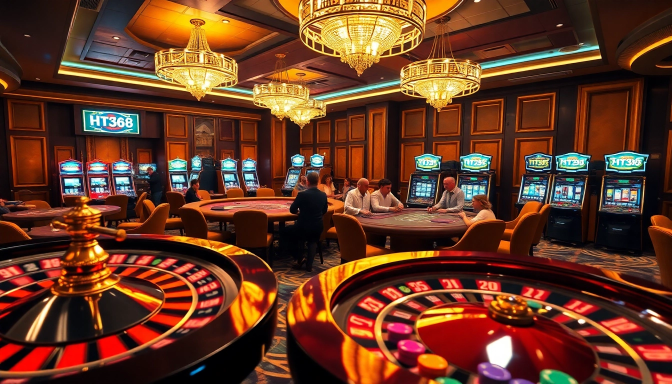 HT368 players engaging at a luxurious poker table in an exciting casino atmosphere.