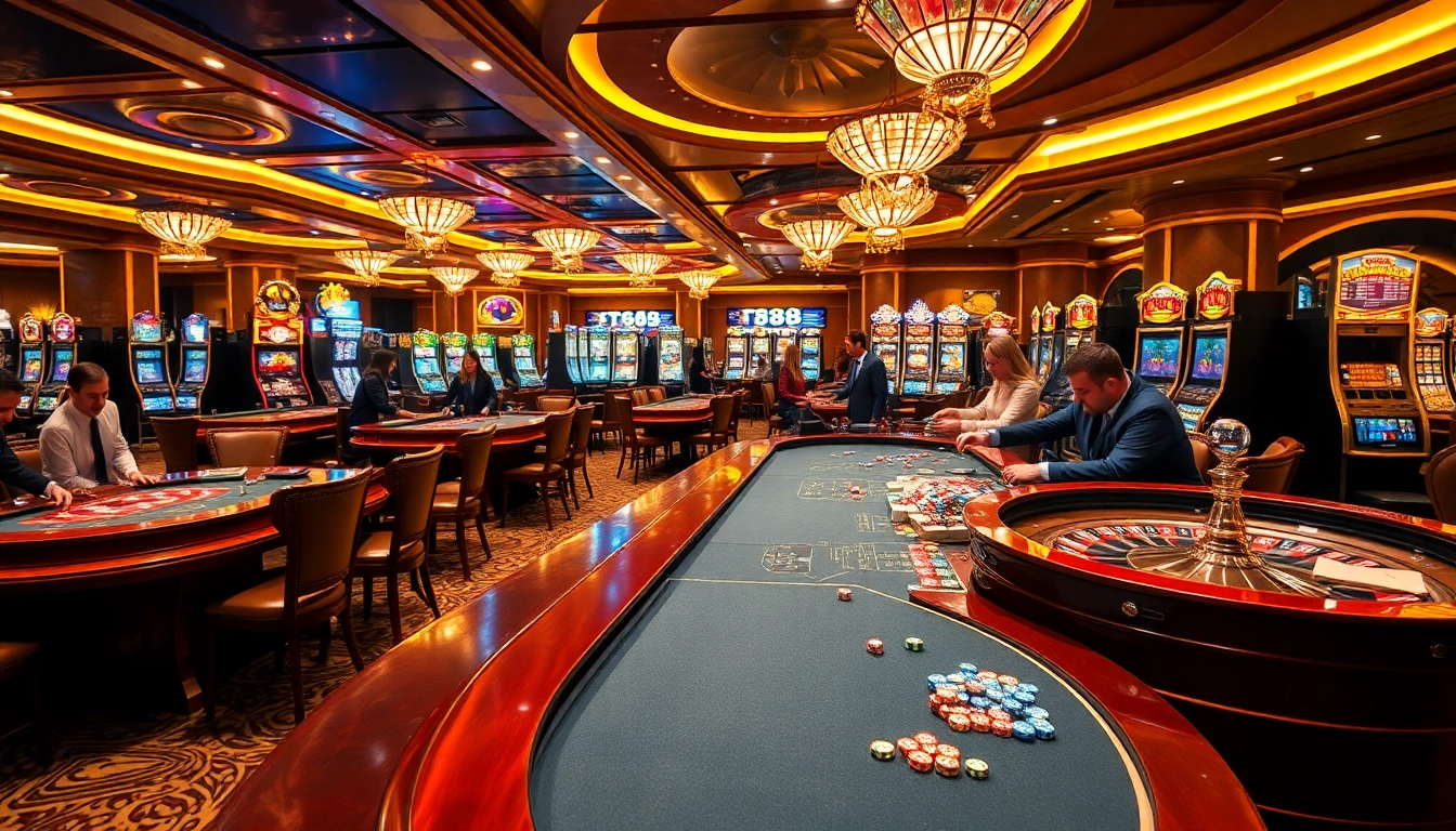 Players enjoying thrilling games at TK88 casino with vibrant roulette wheels and colorful chips.