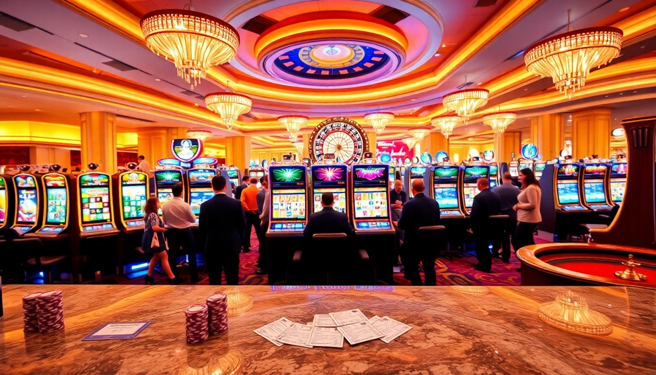 Pemain yang terlibat menikmati permainan slot di tengah mesin slot berwarna-warni dan suasana kasino yang dinamis.