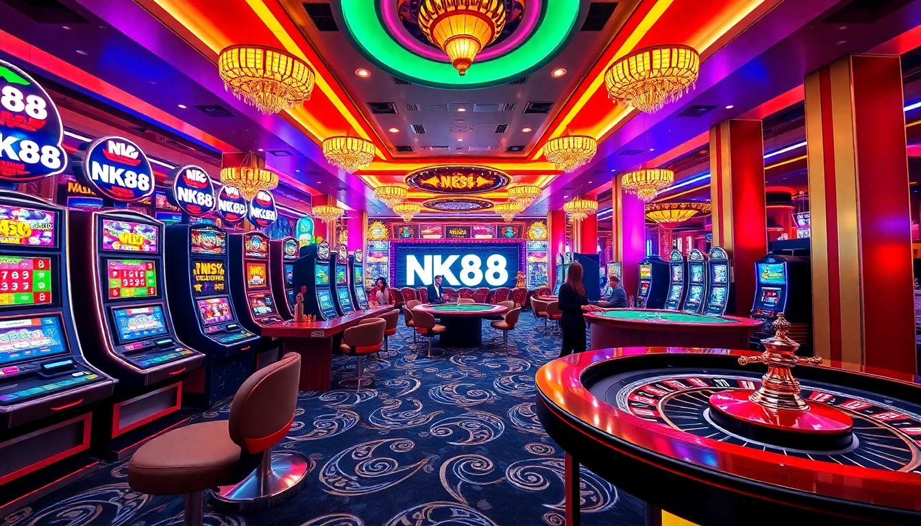 Engaged players enjoying various games at NK88 casino with vibrant lights and luxury atmosphere.