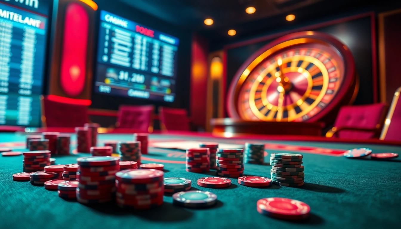 Experience the thrill of online gambling at 13win with a luxurious casino setup featuring poker and roulette.