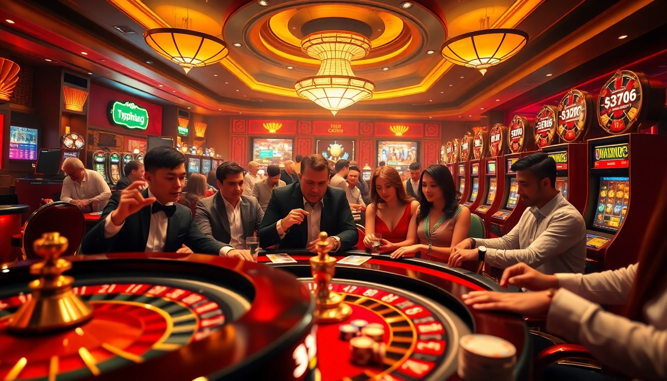 Typhu88 casino scene showcasing excitement with players at roulette and slot machines.