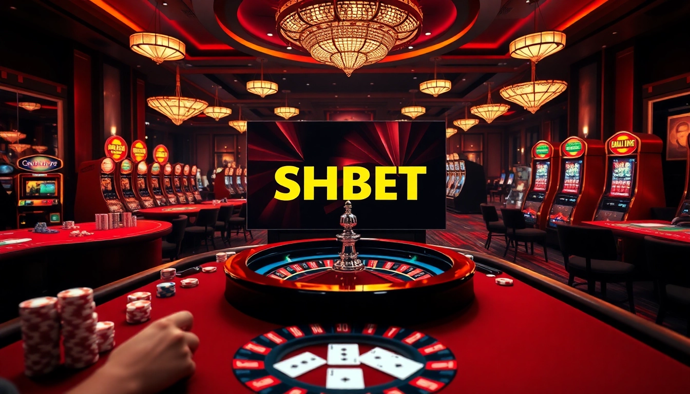 Experience the thrill of SHBET with dynamic casino games, poker chips, and vibrant gaming tables.