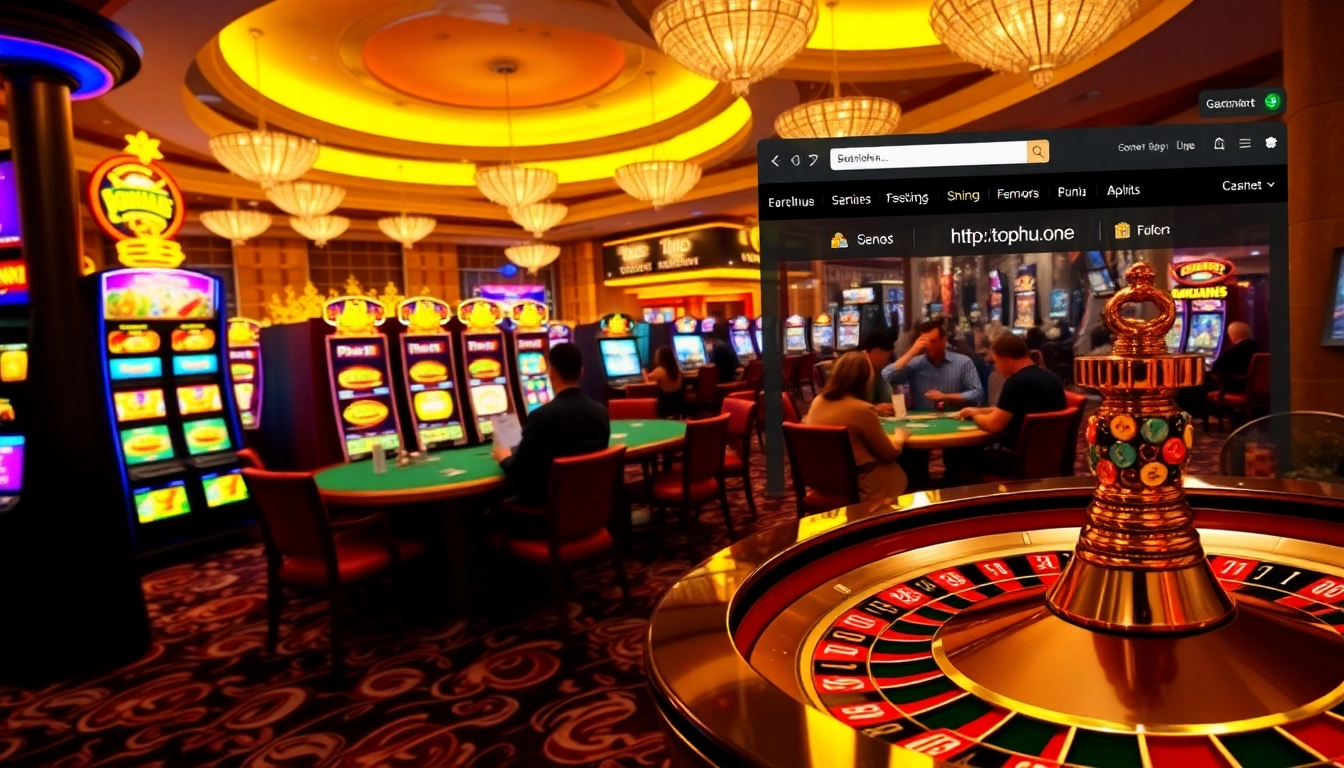 Exciting casino experience at https://topnohu.one/ with vibrant slot machines and players at tables.