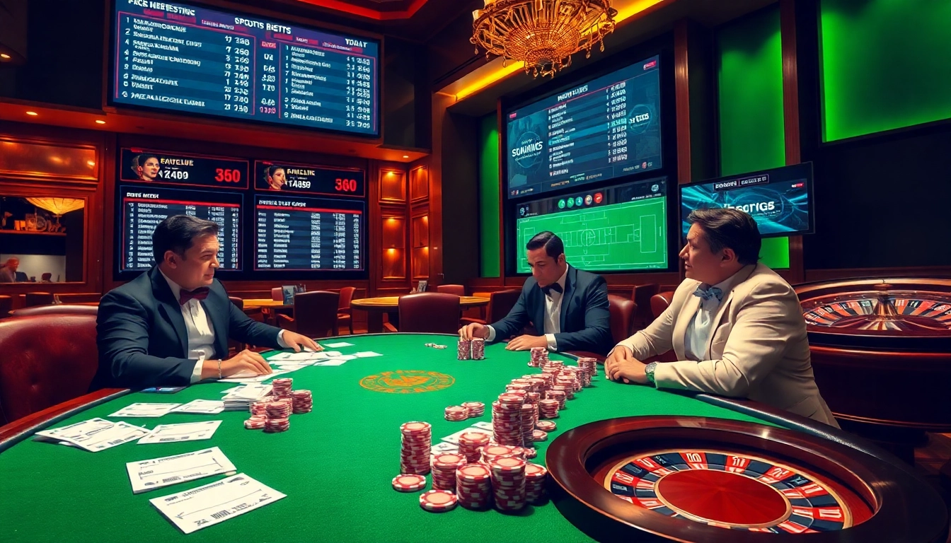 Exciting Taruhan Bola scene with engaged players and live scores at a luxury casino table.