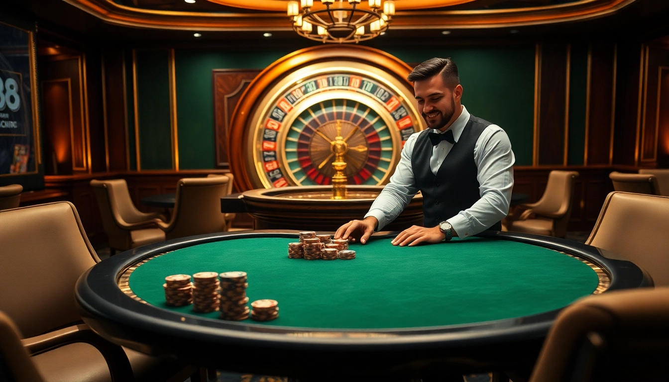 Experience the thrill of winning at https://xx88.us/ with a luxurious poker table setting and roulette wheel.