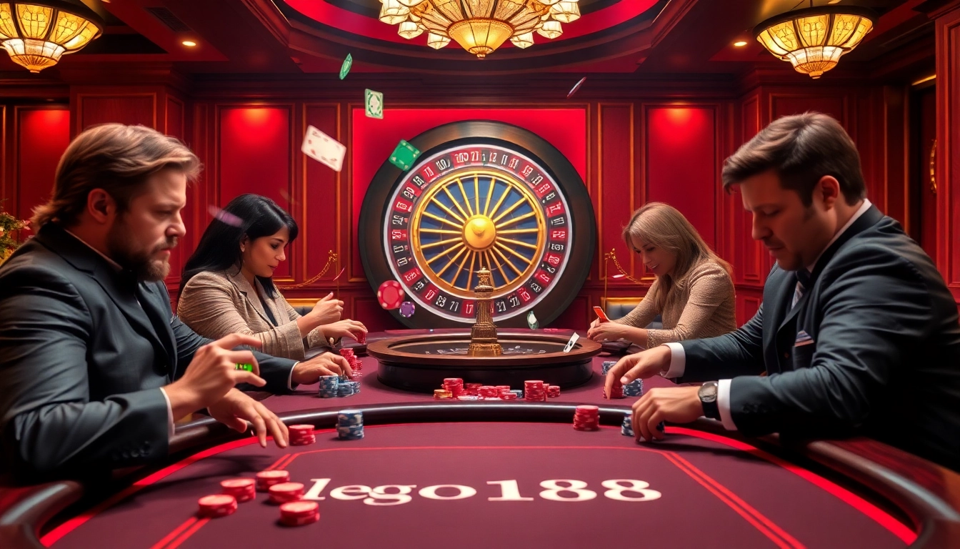 A thrilling casino scene depicting high-stakes poker at lego138, showcasing vibrant chips and players in action.