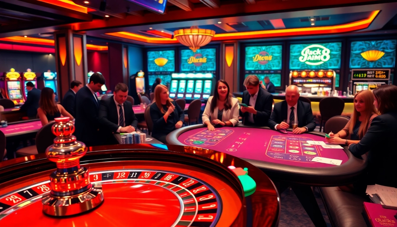 Exciting gaming scene at Luck8 casino featuring roulette, poker tables, and vibrant slot machines.