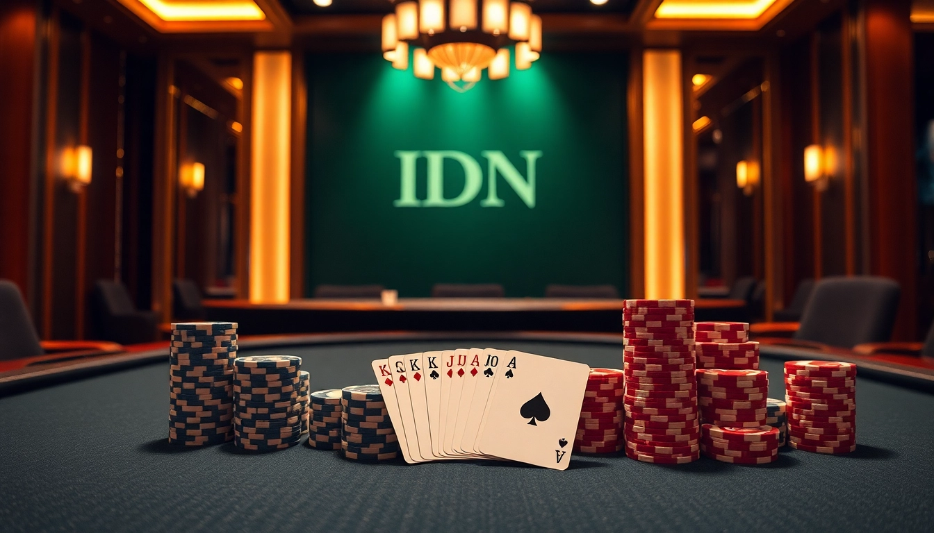 Engage in an exciting round of Idn Poker at a luxurious online poker table with stylish chips and cards.