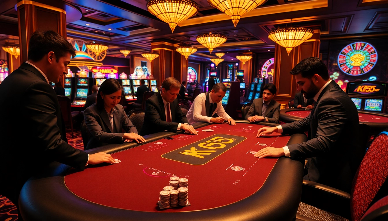Players enjoying an exhilarating game of poker at the KK55-branded table in a luxurious casino setting.