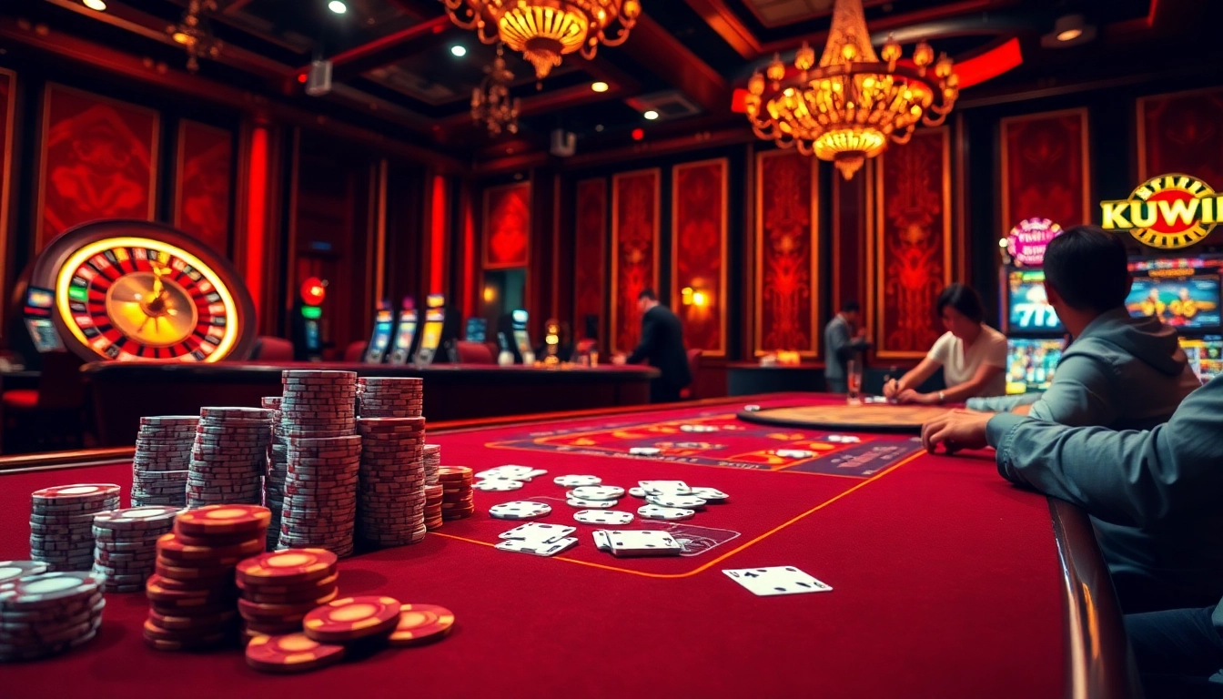 Kuwin online gambling experience featuring vibrant casino tables, poker chips, and modern betting interfaces.