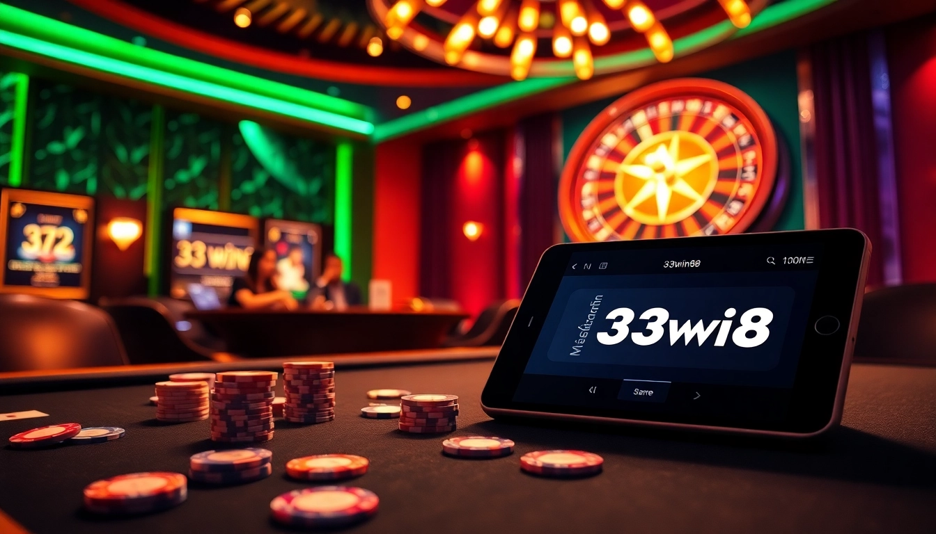 Scene kasino dinamis menampilkan pemain di meja poker 33win68 dengan chip dan kartu.