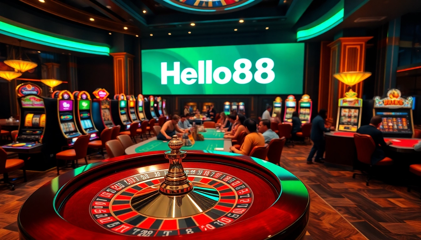 Hello88 logo at a luxurious casino scene featuring roulette and slot machines.