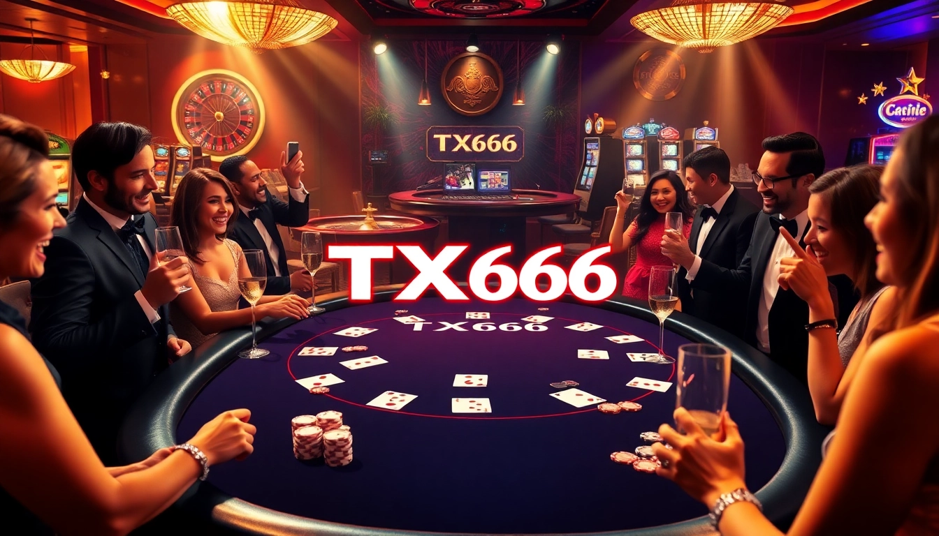 TX666 poker table with elegant gamblers in a vibrant casino atmosphere, showcasing high-quality chips.