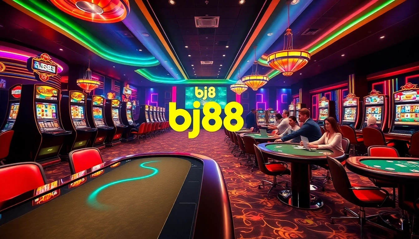 Players enjoying online gambling at bj88 casino with vibrant gaming tables and slot machines.