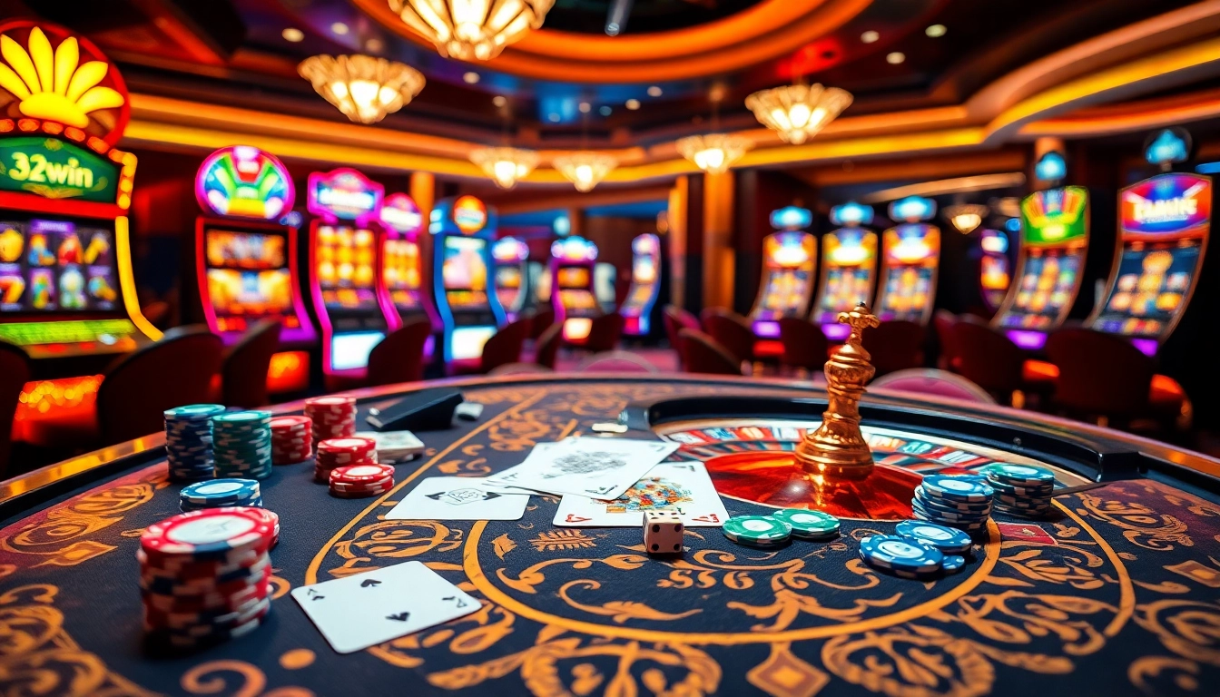 Exciting gameplay at the 32WIN casino table with vibrant poker chips and cards.