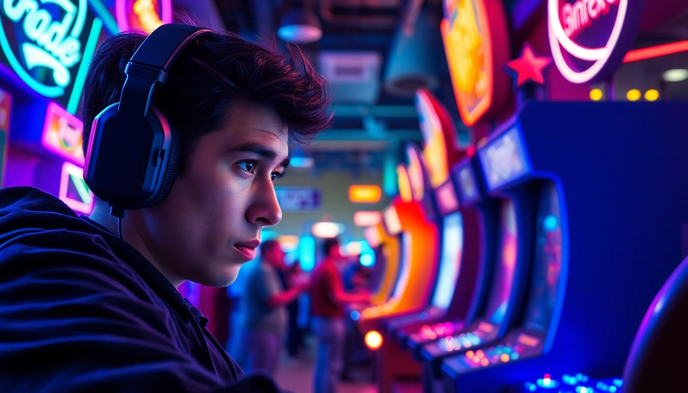 Engaging moment of a gamer playing the hi game in an exciting arcade filled with neon lights.