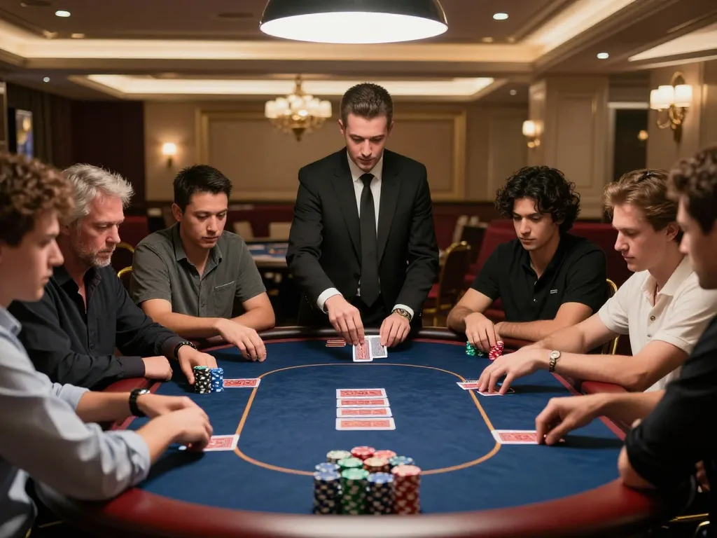 Players engaging in a high-stakes poker game at a luxurious casino table, focusing on strategic plays at lucky88.