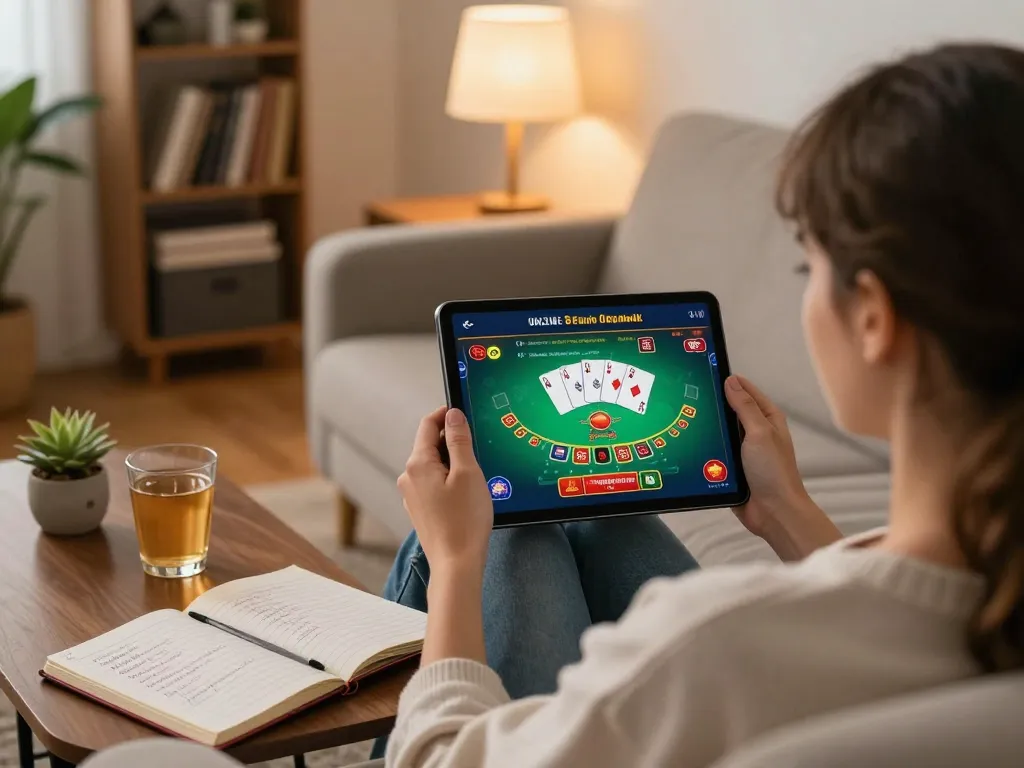 The hitclub experience with a player enjoying blackjack on a tablet at home, emphasizing responsible gambling.