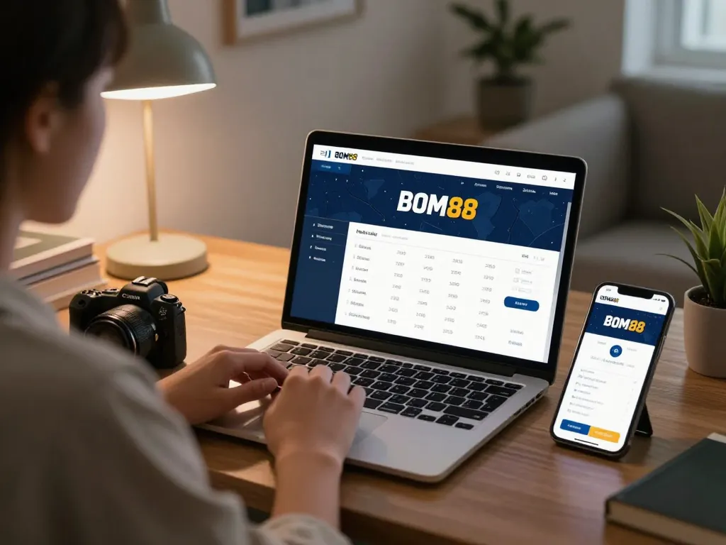 BOM88 user placing strategic bets on sports betting app in cozy home office.