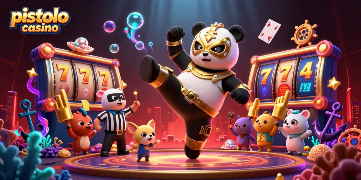 Pistolo Casino features a cartoon panda wrestler in action with engaging casino elements.