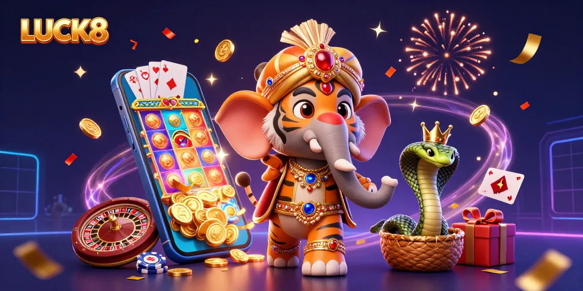 Experience the vibrant energy of LUCK8 with a 3D illustration of a maharaja, elephant, and slot game action.