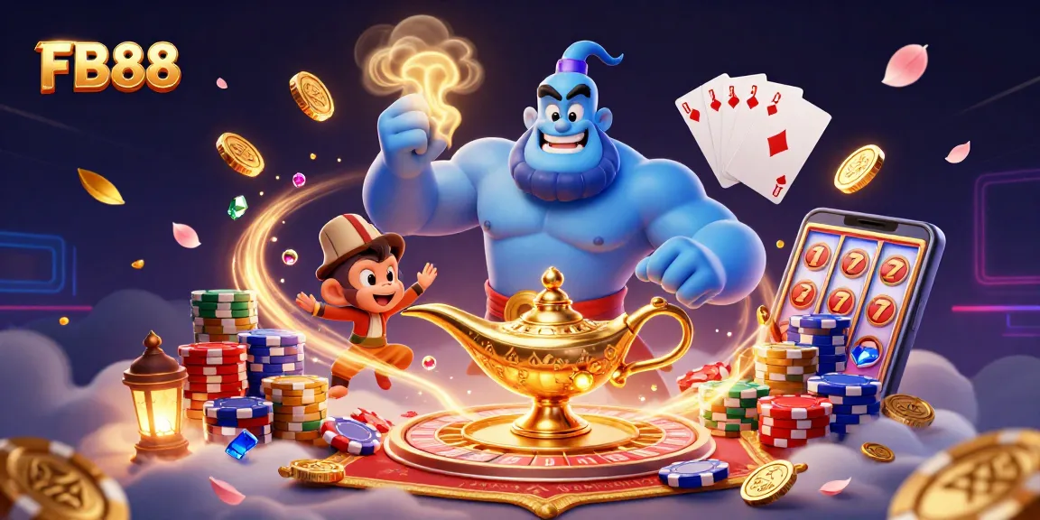 Experience the thrill of FB88 with a majestic genie, poker chips, and dynamic casino elements.