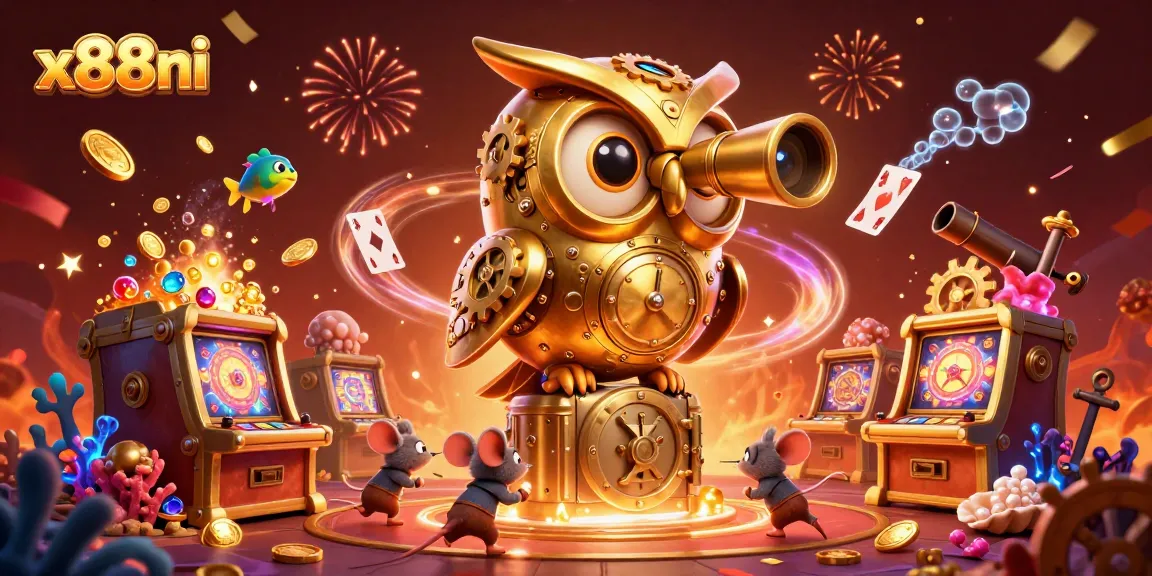 Engage with x88ni's dynamic casino scene featuring 3D characters and vibrant gaming elements.